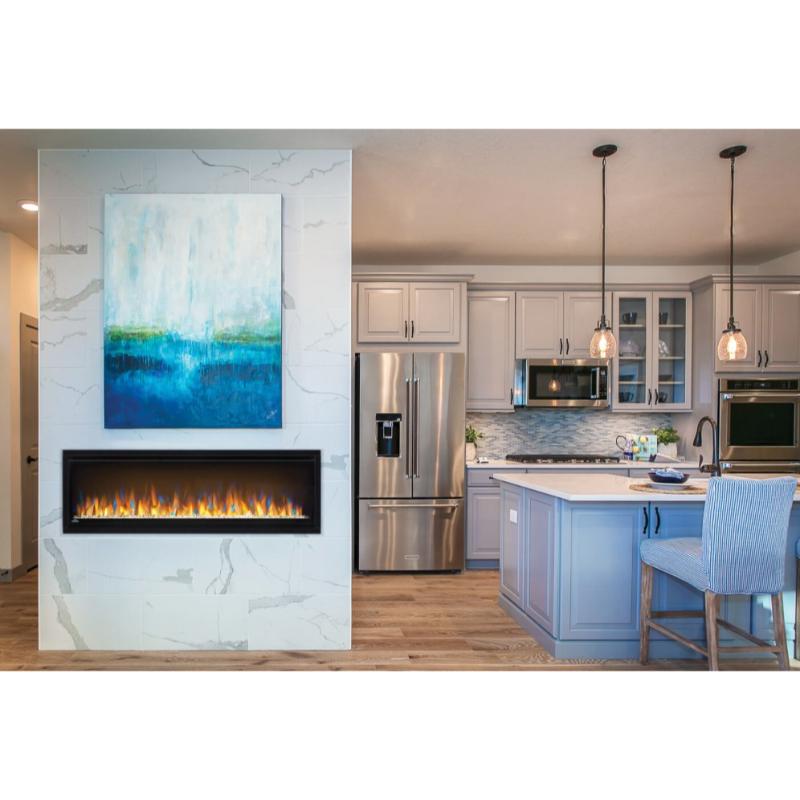 Alluravision Slimline Electric Fireplace placed on a marble accent wall