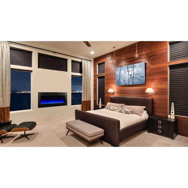 Allusion Wall-mounted Electric Fireplace by SimpliFire placed in the bedroom to provide heat