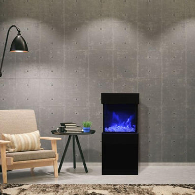 Amantii Cube-Base-Speaker for Cube Electric Fireplace showing its beautiful blue ember light