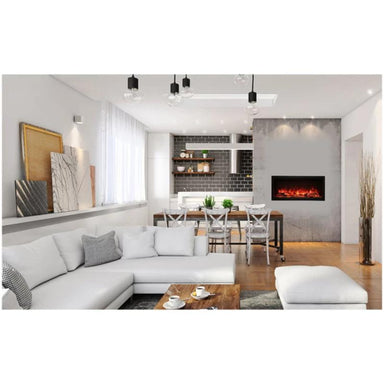 Amantii Symmetry Smart XT Electric Fireplace placed in a 2-sided room as a centerpiece