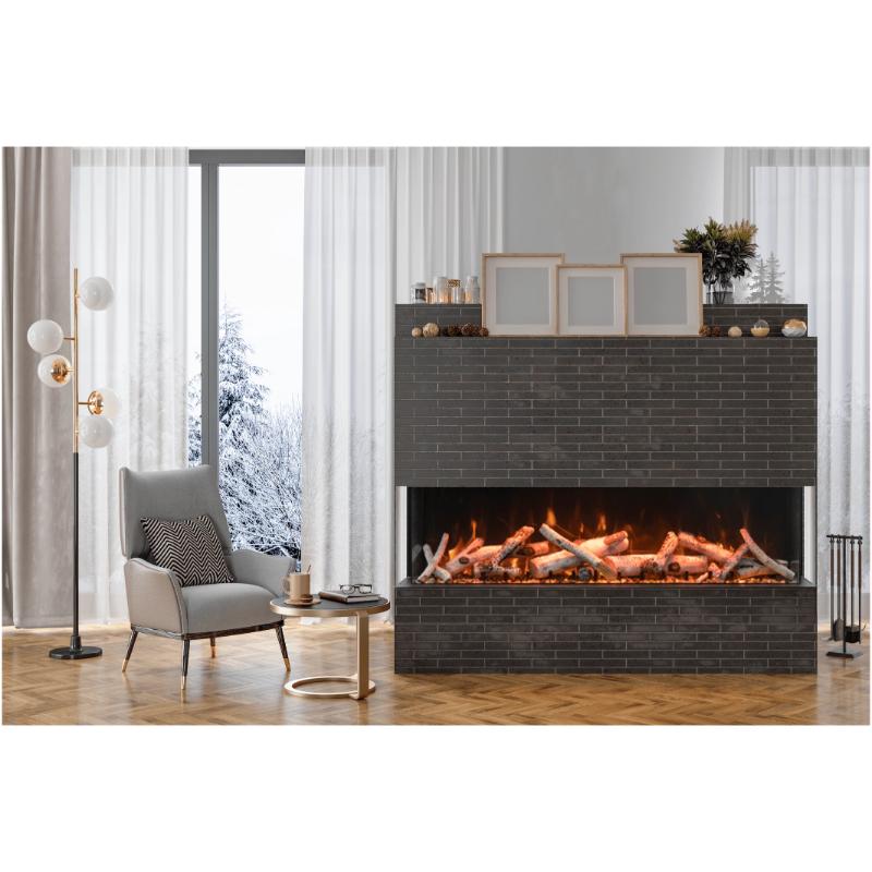 Amantii Tru View XL Deep 3-Sided Smart Electric Fireplace Beautiful Installed in A Accent Wall Showcasing its 3-Sided Design