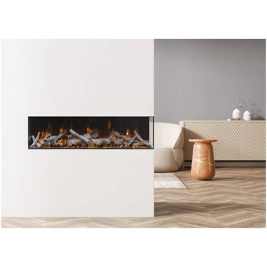 Amantii Tru View XL Deep Smart Electric Fireplace installed in a corner wall to see its beautiful log ands flames