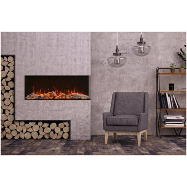 Amantii Tru View XT XL Smart Electric Fireplace beautifully placed in an accent wall with real logs beside it
