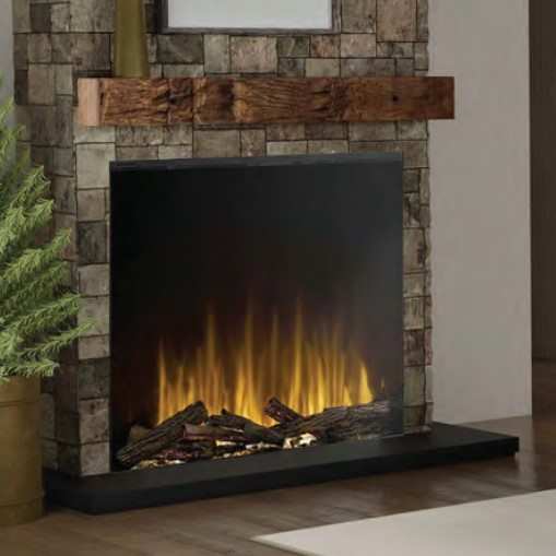 Dimplex Aspire Electric Fireplace with brick surround and brown mantel