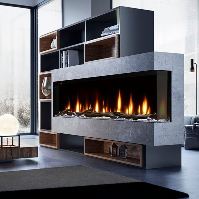 Dimplex Ignite XL Bold 74 is installed in a gray wall to provide heat
