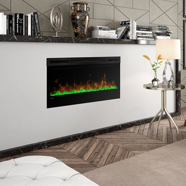 Dimplex Prism Wall Mounted Electric Fireplace in Black Showcasing Its Flames in The Living Room