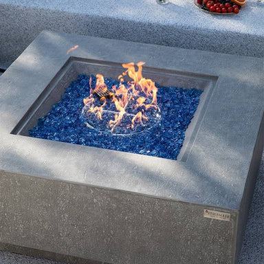 Elementi Plus Victoria & Bergen Square Concrete Fire Table in light grey with flames lit and included fire glass
