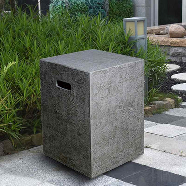 Light Grey Elementi Square Tank Cover - Tavertine Finish Placed outdoors