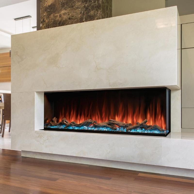 Modern Flames Landscape Pro Multi 56 with orange flames and blue ember placed in an accent wall