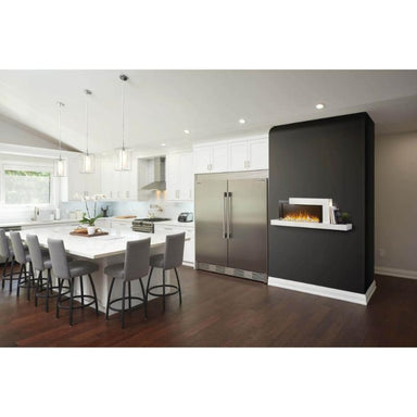 Napoleon Stylus Cara Electric Fireplace seamlessly placed in the kitchen and dining rom