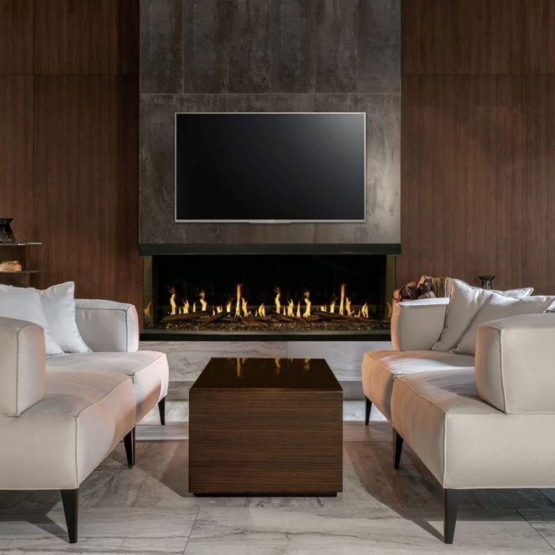 Showcasing the sleek and elegant look of the Orion Multi Fireplace in weathered walnut