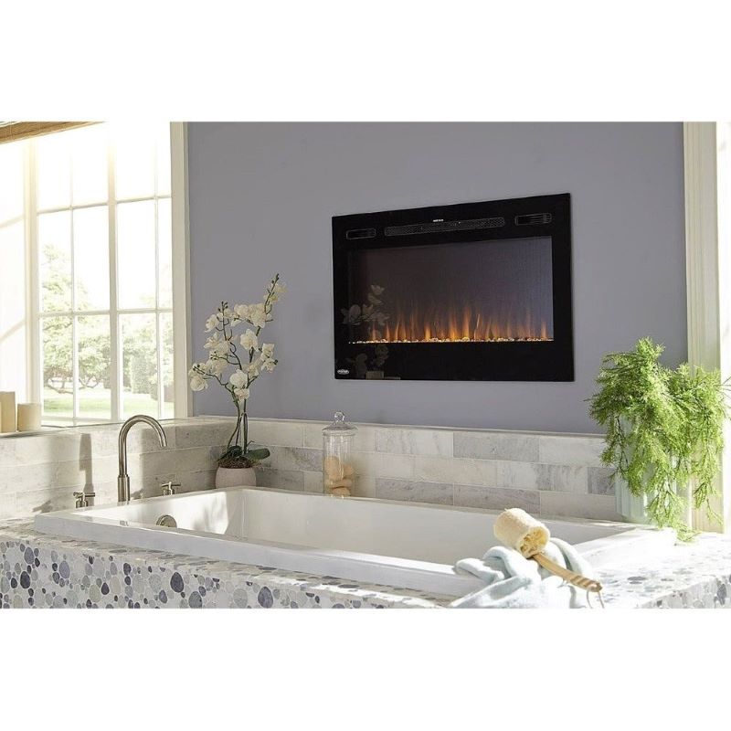 Sideline Electric Fireplace recessed in bathroom