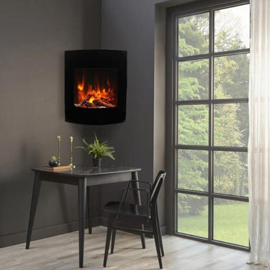 Corner Wall-Mounted Electric Fireplace installed in a corner wall above the table