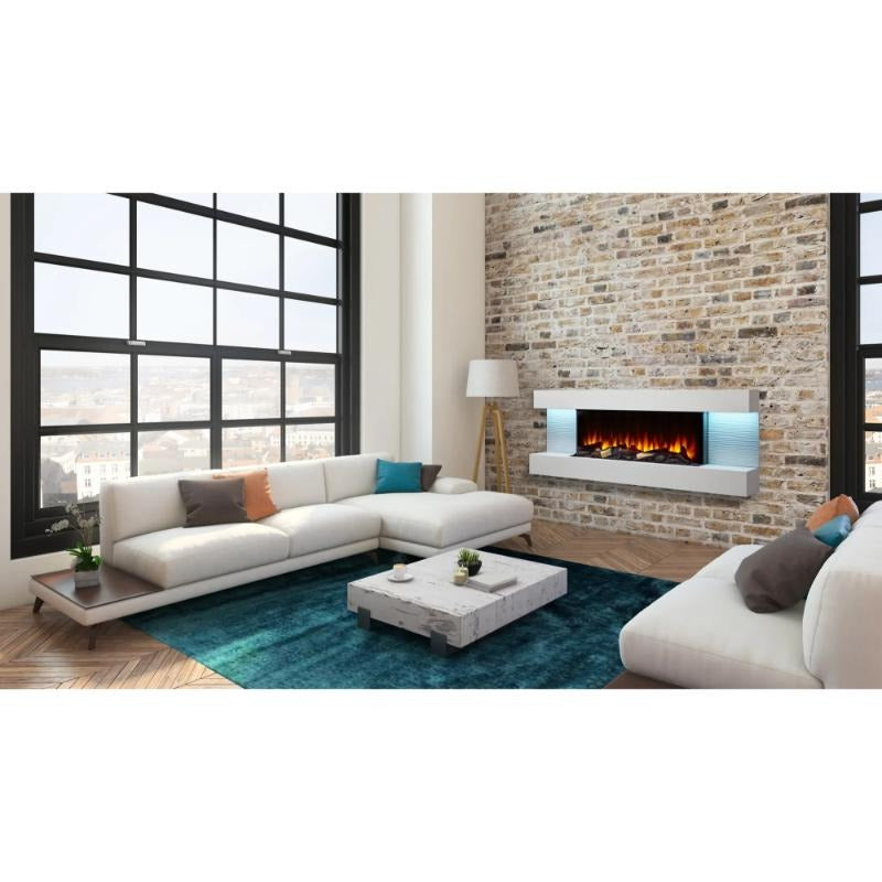 SimpliFire Format Wall-Mounted Electric Fireplace in white trim placed in a bricked wall