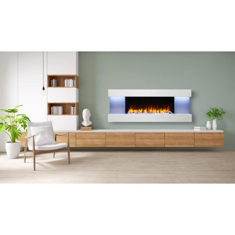 SimpliFire Format Wall-Mounted Electric Fireplace looking nice in a gray wall