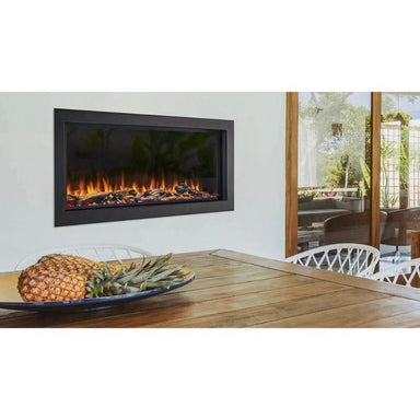 SimpliFire Forum Outdoor Electric Fireplace providing heat in the outdoor living space