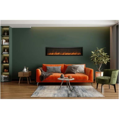 The Amantii Panorama BI Xtra Slim Full View Smart Electric Fireplace in Black Placed as a Living Room Centerpiece