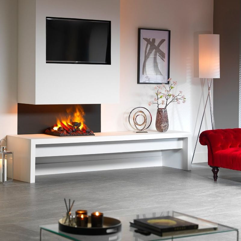 The Dimple Opti Myst Fireplace Insert in Black Showcasing Its Fire in The Living Area