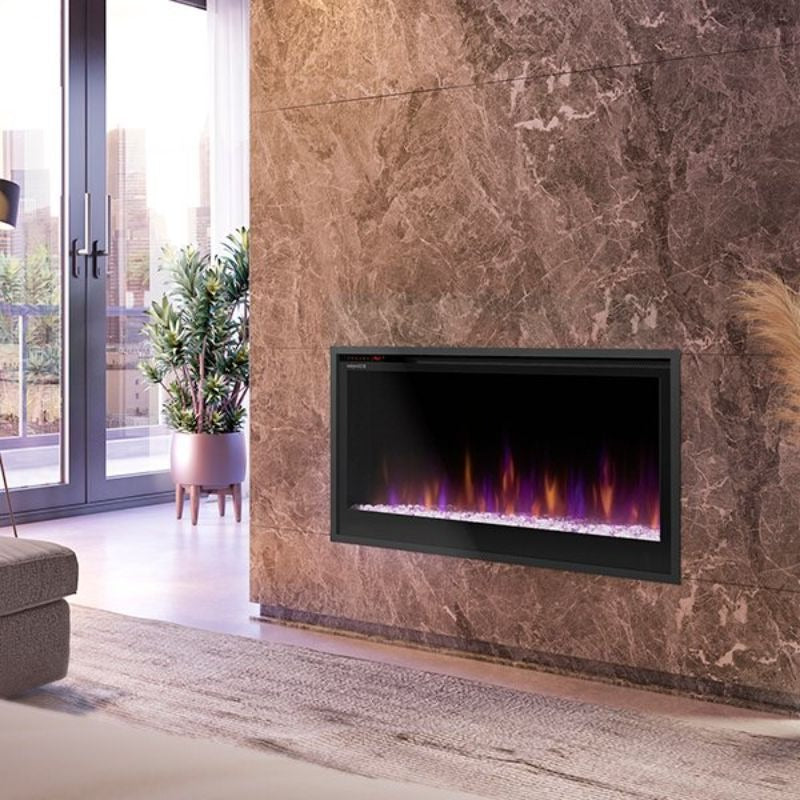 The Dimplex Multi-Fire SL Slim Built-in Electric Fireplace in black showing its colorful flames