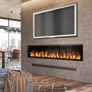 The Dimplex Opti Myst Linear Fireplace in Black is Placed on the living room under the television