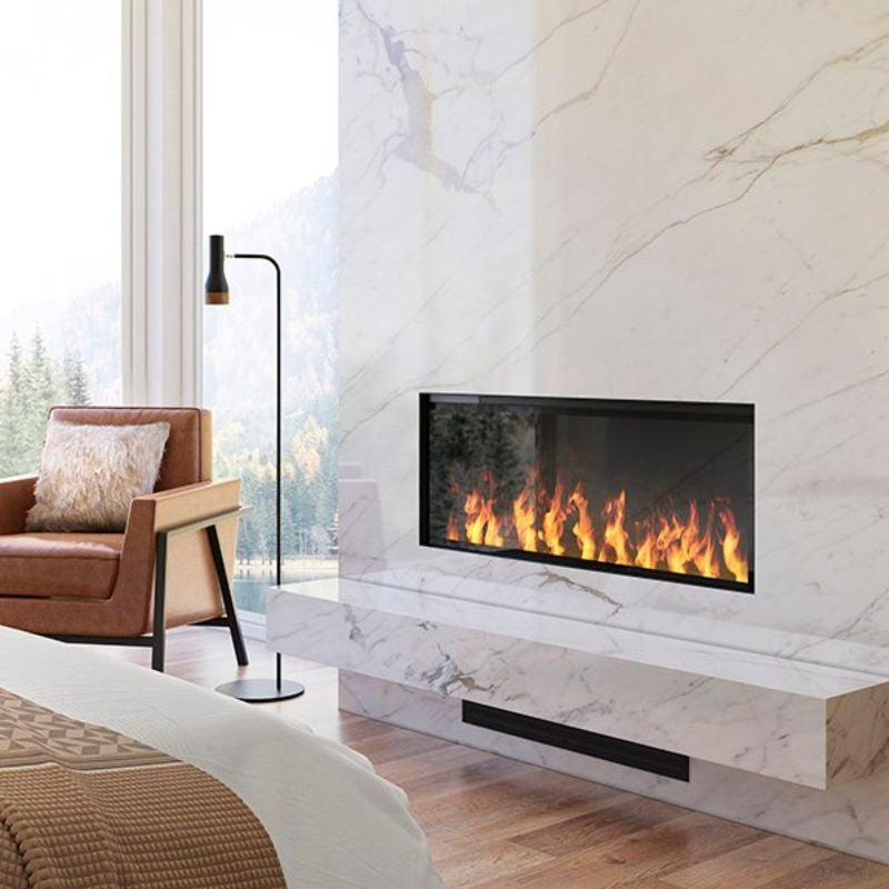 The Dimplex Opti Myst Linear Fireplace is installed in the White Marble Wall to provide Heat and Luxury Feels