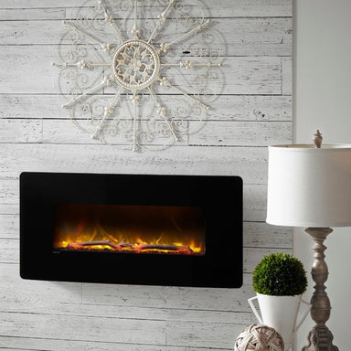 The Dimplex Winslow Electric Fireplace is Mounted on a wooden accent planks showing its glowing flames