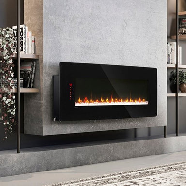 The Dimplex Winslow Wall-Mounted Tabletop Electric Fireplace in Black is mounted on a gray accent wall to provide heat