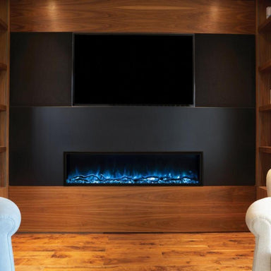 The Modern Flames Landscape Pro Slim is placed on the entertainment room