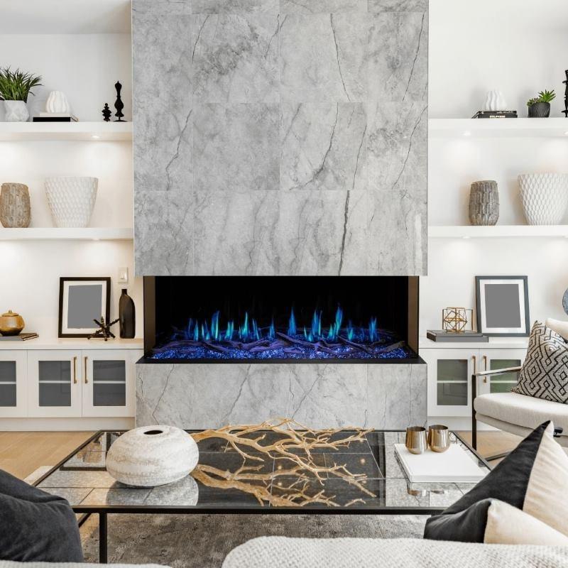 The Modern Flames Orion Multi looks great in a marble wall