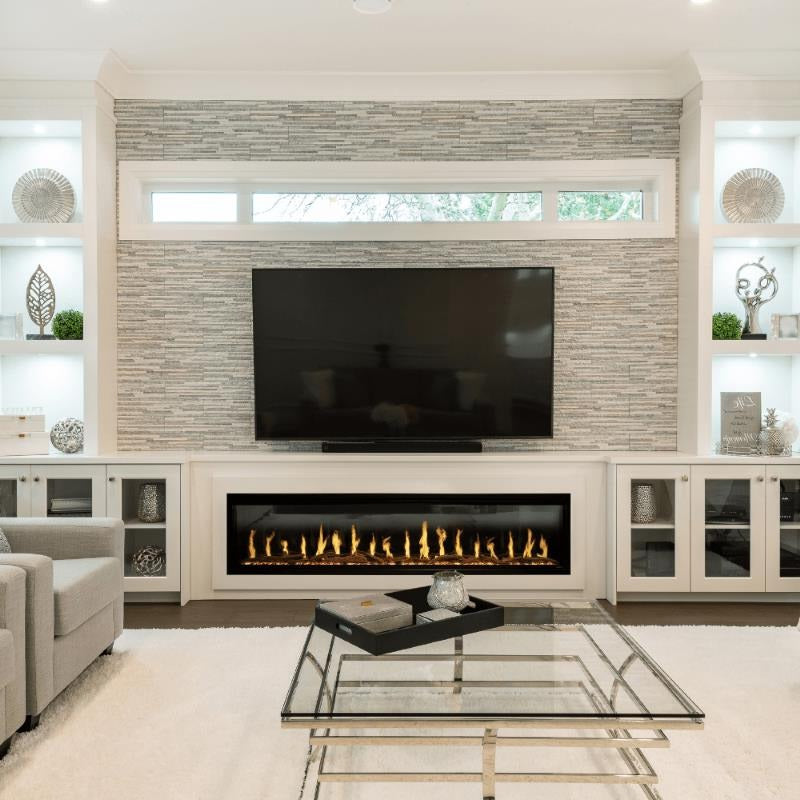 The Orion Slim Electric Fireplace placed in a modern living room