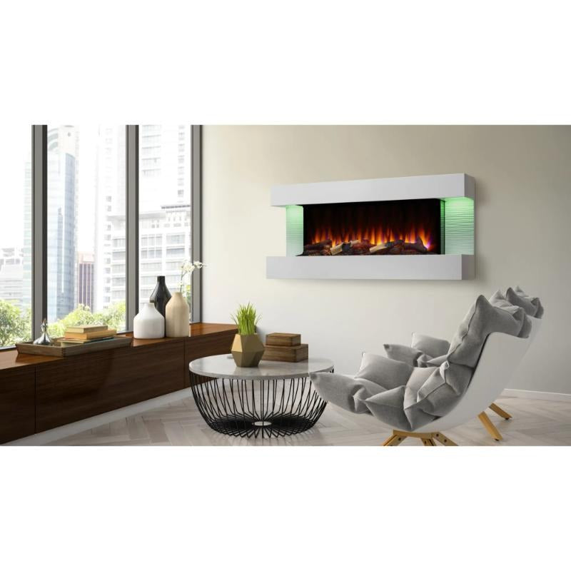 The SimpliFire Format Wall-Mounted Electric Fireplace providing heat on a daylight