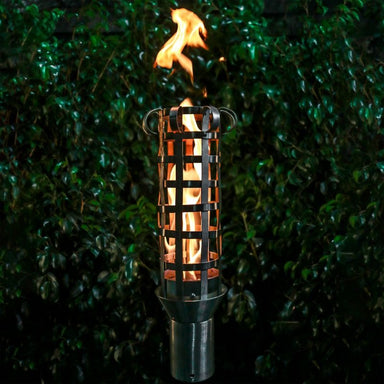 The Outdoor Plus Box Weave Fire Torch Showcasing its flames