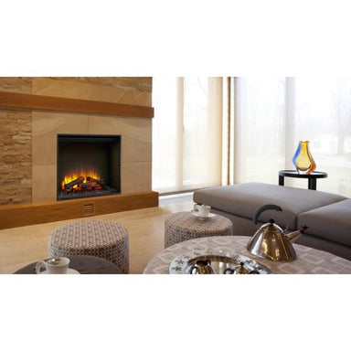 The living area looks cozy with SimpliFire Built-In Electric Fireplace providing heat