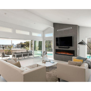 The living area with Spectrum Slimline Electric Fireplace