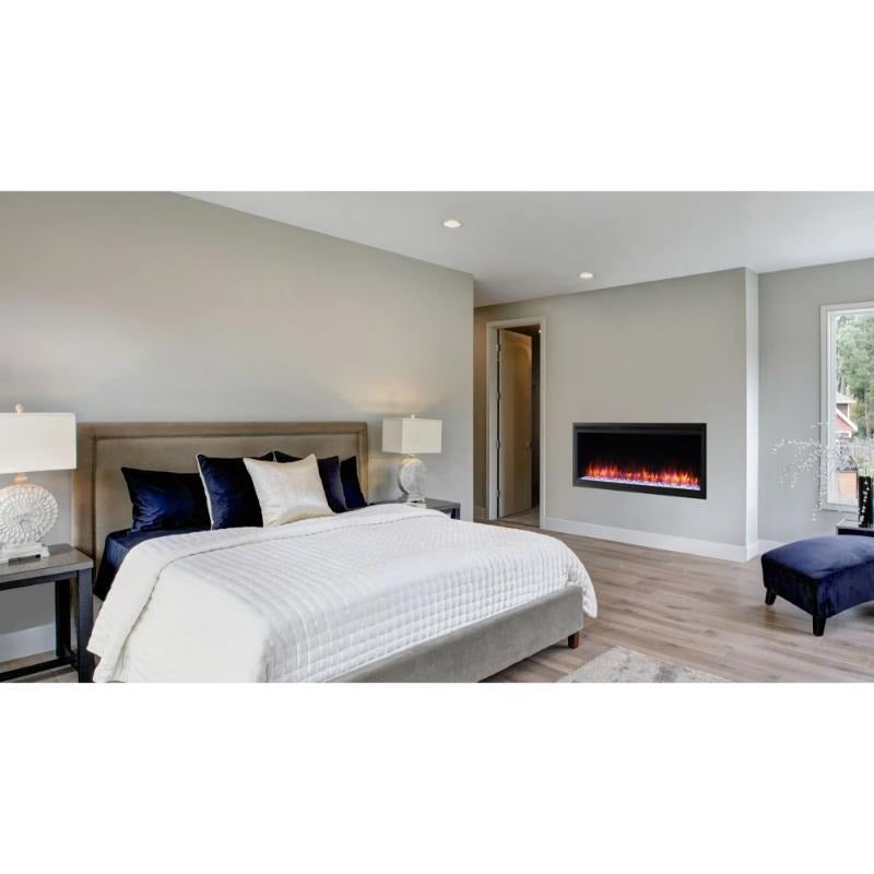 The room feels cozy with the Allusion Platinum RecessedElectric Fireplace