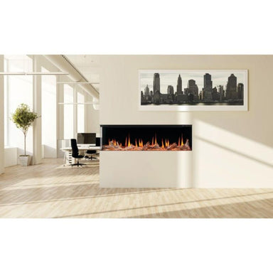 showcasing the flames of the Luminex 65 LCD Electric Linear Built-in Fireplace