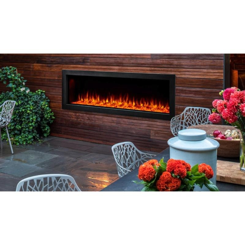 the Forum Outdoor Electric Fireplace looks pretty elegant in a wooden accent wall