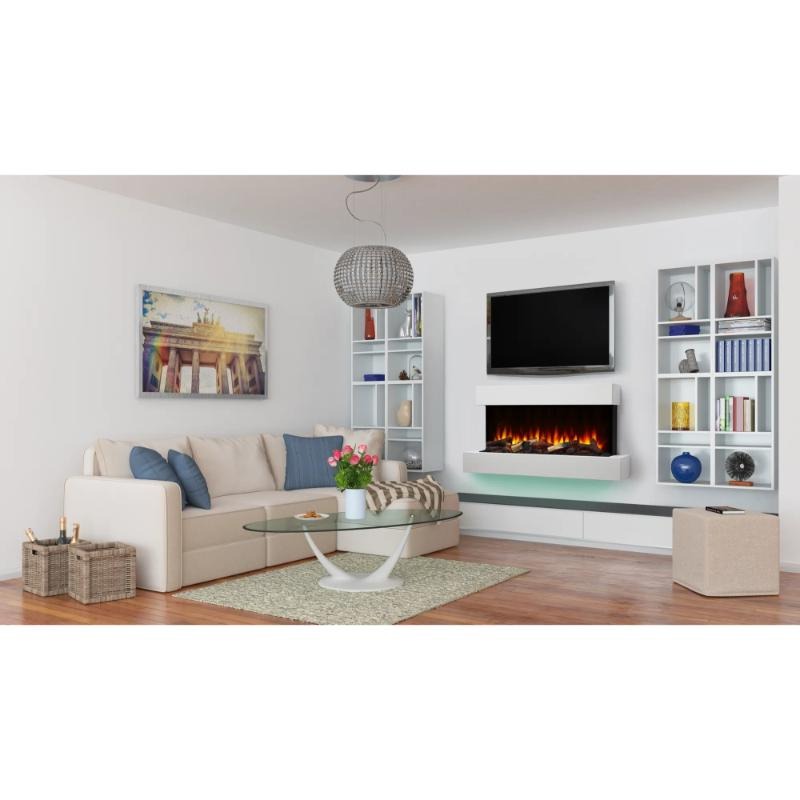 the room looks cozy with the SimpliFire Format Wall-Mounted Electric Fireplace