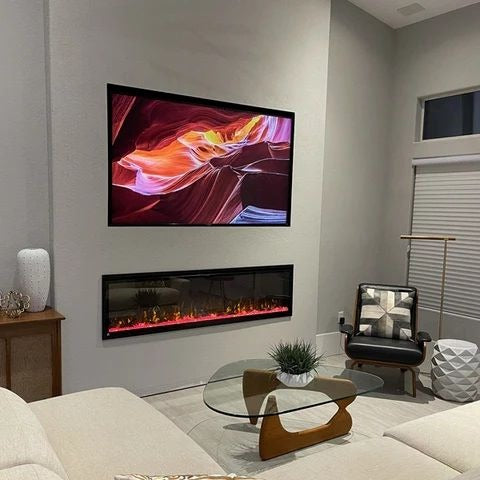 Touchstone Sideline Elite Smart Electric Fireplace 72 inch on grey wall